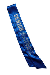 Blue satin sash with Senior Football glitter text. Sports night accessory.