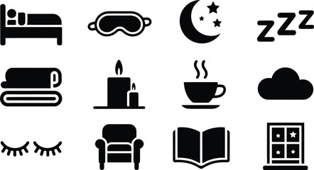 Simple black vector symbols illustrating common items associated with rest and nighttime comfort