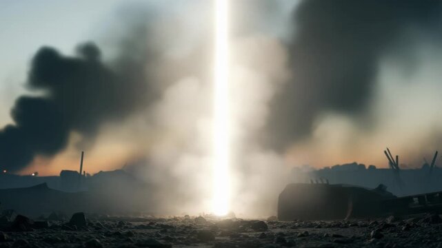 Epic Sci-Fi Explosion Scene with Mysterious Beam of Light and Atmospheric Smoke Effects