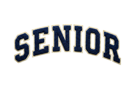 Navy blue chenille senior patches. Varsity letterman jacket embroidery.