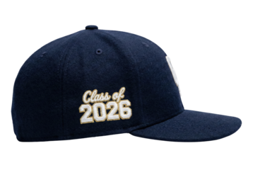 Navy blue baseball cap with Class of 2026 embroidery. Side view hat.