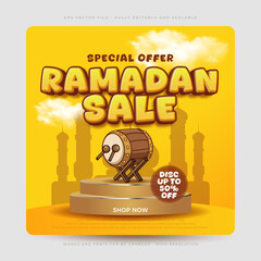 Ramadan sales banner with hand-drawn bedug illustration