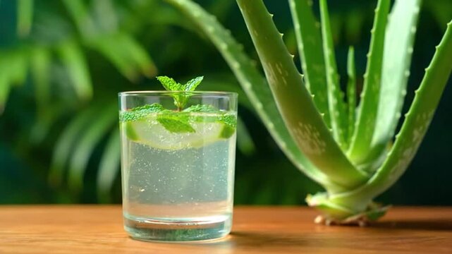 A refreshing drink with mint and lime sits near aloe vera. Wooden table with green background