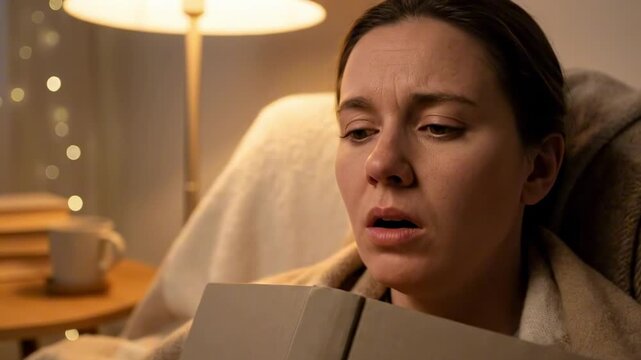 dissapointed face - A woman in a cozy chair wrapped in a blanket holds a closed book, looking contemplative and slightly sad, with warm ambient lighting and books in the background