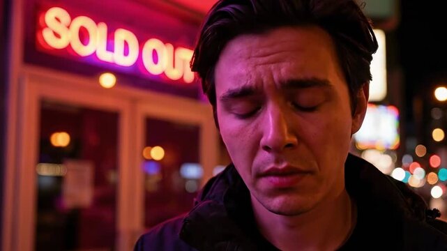 dissapointed face - Night city street scene a young man in a dark jacket gazes upward, clutching a note as neon red signs glow, storefronts blur, and uneasy anticipation shadows his expression!!