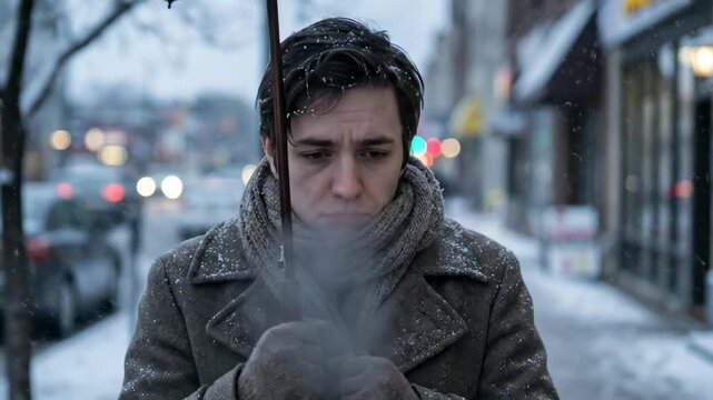 dissapointed face - A young man stands in a snowy street, holding an umbrella, with a somber expression on his face as snowflakes gently fall around him amidst blurred city lights