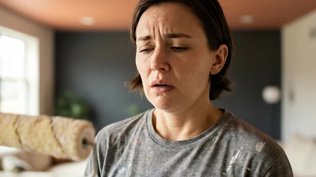 dissapointed face - A woman with a paint roller looks contemplatively at her unfinished interior wall, showcasing a blend of creativity and uncertainty in a modern living space