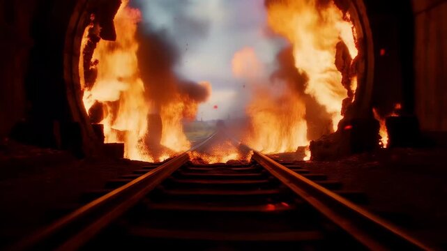 Fire Erupts at the End of a Railway Tunnel Causing Smoke and Flames to Fill the Area During the Night