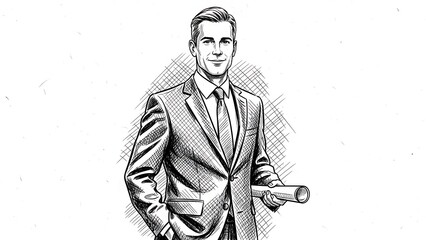Handdrawn Detailed Sketch of a Confident Businessman Holding Rolled Document