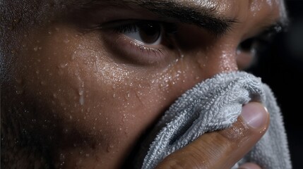 Athlete wipes sweat gym action shot close-up focused