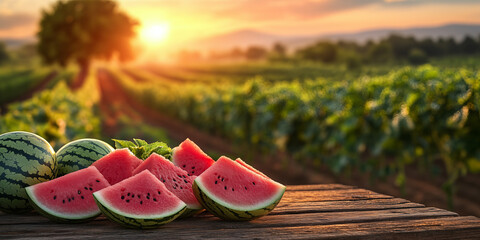 Juicy watermelon slices on rustic wooden table, watermelon field background, golden sunrise, perfect for food advertising, wellness branding, organic product packaging