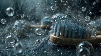 Clean bathroom floating water droplets & toothbrush