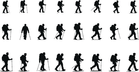 Silhouette, hikers, trekking, with, backpacks, and, walking, poles, outdoor, adventure, travel, hiking, journey, isolated, on, white, background, minimalist, expedition, concept