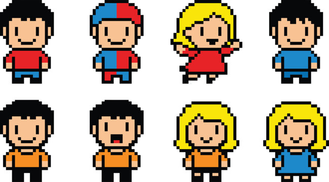 Pixel art people characters set, cute retro 8 bit cartoon boys and girls avatar icons
