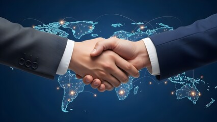 Professional business partners sealing an important international deal with a firm handshake over a glowing digital world map symbolizing global connectivity and partnership success.