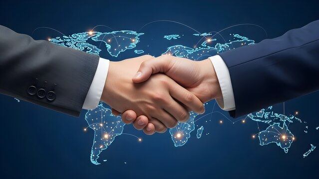 Professional business partners sealing an important international deal with a firm handshake over a glowing digital world map symbolizing global connectivity and partnership success. - Powered by Adobe