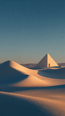 Vector illustration of a sunset in the Sahara desert landscape featuring ancient Giza pyramids, camels, and a tent under a bright sun and summer sky for Egyptian travel and tourism