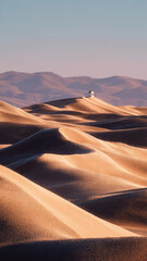 Golden sunset glows over the orange sand dunes of the arid Sahara desert landscape in Morocco, creating a majestic nature travel adventure across the heat of the dry summer hills