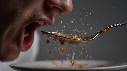 Food enthusiast scooping first bite midair