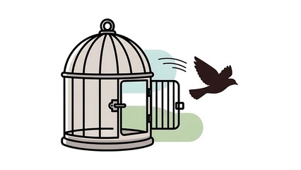 Minimalist Line Art Bird Leaving Cage Freedom Concept Illustration