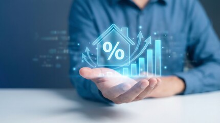 a man presenting a glowing digital house icon with a percentage sign and upward trending charts symbolizing real estate investment growth and financial