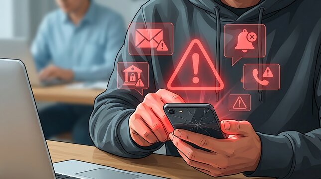 a hooded individual intently using a smartphone surrounded by glowing red notification icons suggesting potential cyber threats and digital security concerns in a - Powered by Adobe