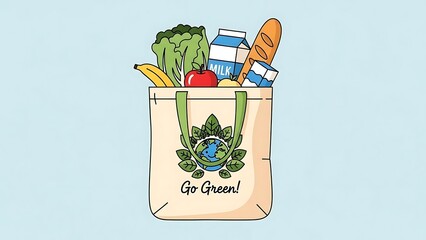Handdrawn Detailed Groceries in Tote Bag Illustration with Go Green Message
