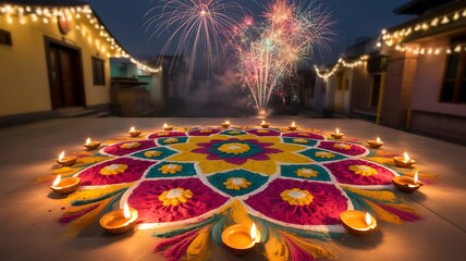 Lighting diya oil lamps and flowers on blue background, Indian festival of lights concept, Diwali, religious traditional holiday, banner with copy space