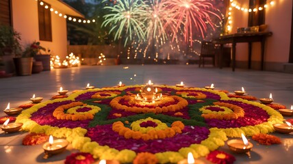 Lighting diya oil lamps and flowers on blue background, Indian festival of lights concept, Diwali, religious traditional holiday, banner with copy space