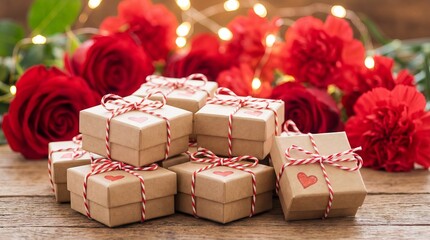 Gift boxes wrapped in brown paper with red and white twine are stacked on a wooden table, surrounded by red roses and soft glowing fairy lights.