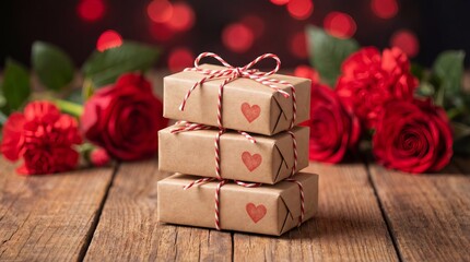 Three brown paper-wrapped gift boxes with red hearts and twine are stacked on a wooden surface. Red roses and soft bokeh lights create a romantic atmosphere.
