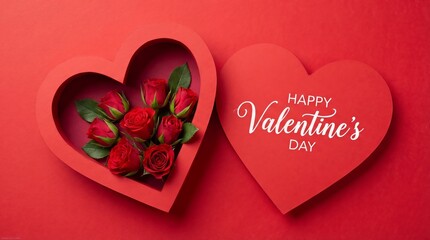 Heart-shaped box with red roses on red background beside a heart card reading "Happy Valentine's Day," conveying love and celebration.