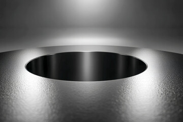 Modern black display plinth featuring round hole detail and reflective mirror surface