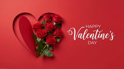 Red roses arranged beside a heart cutout on a red background, with "Happy Valentine's Day" written in elegant white script. Romantic and festive tone.