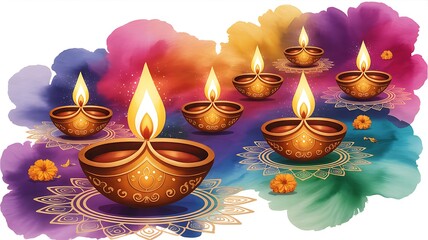 Happy Diwali Lighting diya oil lamps and flowers against a blue backdrop