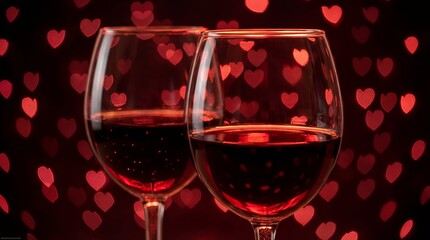 Two glasses of red wine against a backdrop of soft, glowing red heart shapes. The atmosphere is romantic and warm, evoking feelings of love and intimacy.