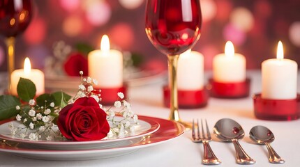 Elegant table setting with a red rose on a plate, surrounded by baby's breath, lit candles, red wine glass, and cutlery, creating a romantic ambiance.