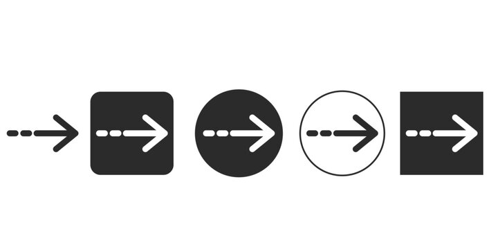 Vector icon set for next step navigation and direction UI | Modern dotted line transition right arrow symbol design | Black and white progress indicator vector graphics