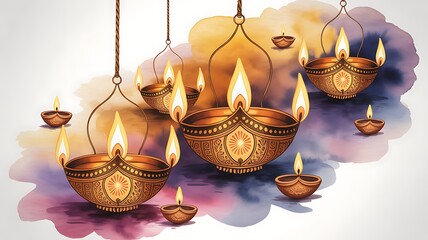 Happy Diwali Lighting diya oil lamps and flowers against a blue backdrop This is a traditional Indian festival of lights Celebrating a religious holiday. with copy space image