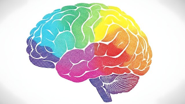 Vibrant illustration of a colorful brain viewed from the side showcasing the cerebral cortex and various lobes in a spectrum of colors on a clean white background