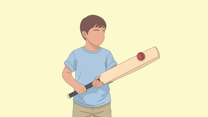 A child with a cricket bat and ball on a plain background.