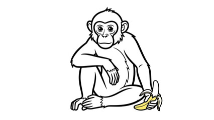 Cute baby chimpanzee sitting down holding a peeled banana line art illustration.