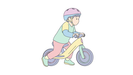 Child happily riding a balance bike with a helmet