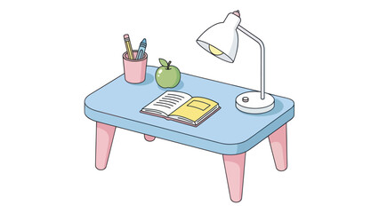 Cute cartoon desk with book, lamp, and art supplies