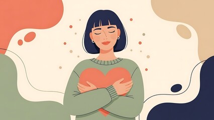 Valentine self-love illustration woman holding heart
