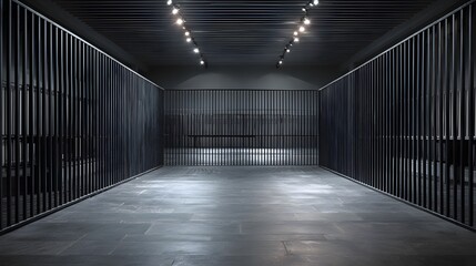 Empty fencing studio in slate aluminum minimalist industrial spatial design architecture modern workspace interior photography