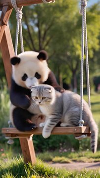 Panda and cat on a swing　ブランコに乗るパンダと猫