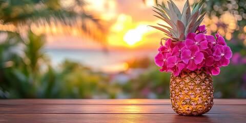 A fresh ripe pineapple beautifully placed on a rustic wooden table with purple orchid flowers and palm leaves in the background. Warm golden sunset light creates a relaxing summer tropical atmosphere