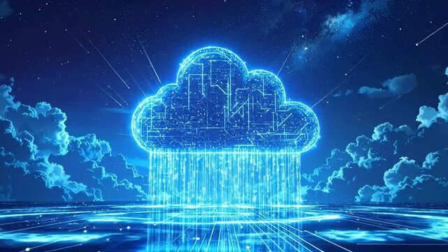 Stunning Digital Cloud Computing Technology Visualization in the Night Sky.