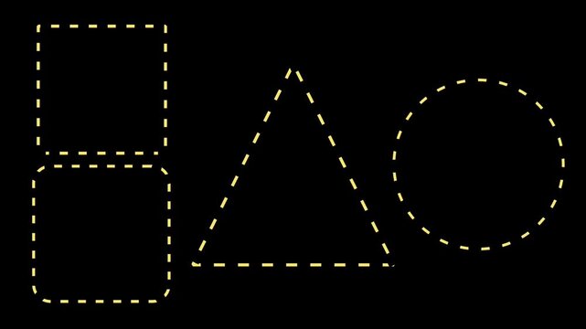 Fourteen second abstract motion graphic of yellow dashed outline geometric shapes on a black background, including squares, a triangle and a circle. Small dots move continuously along each dashed path